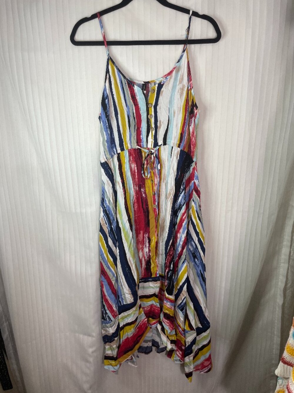 M CAVE Women's Medium Colorful Stripe Midi Dress Sleeveless Button Front Tie
